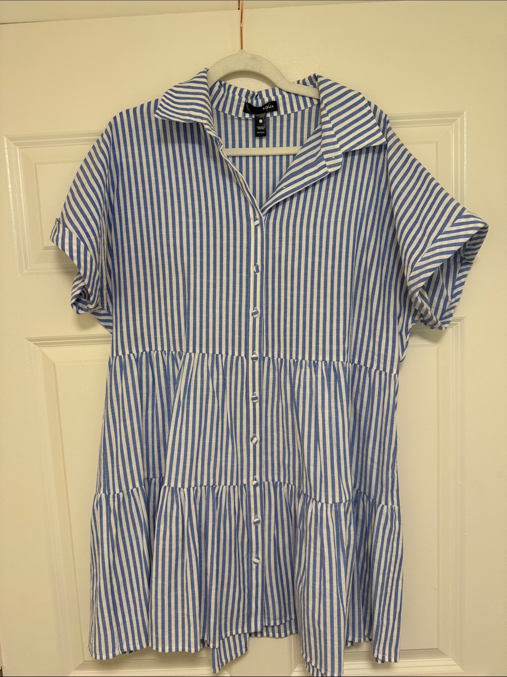 Aqua Blue And White Striped Mini Shirt Dress